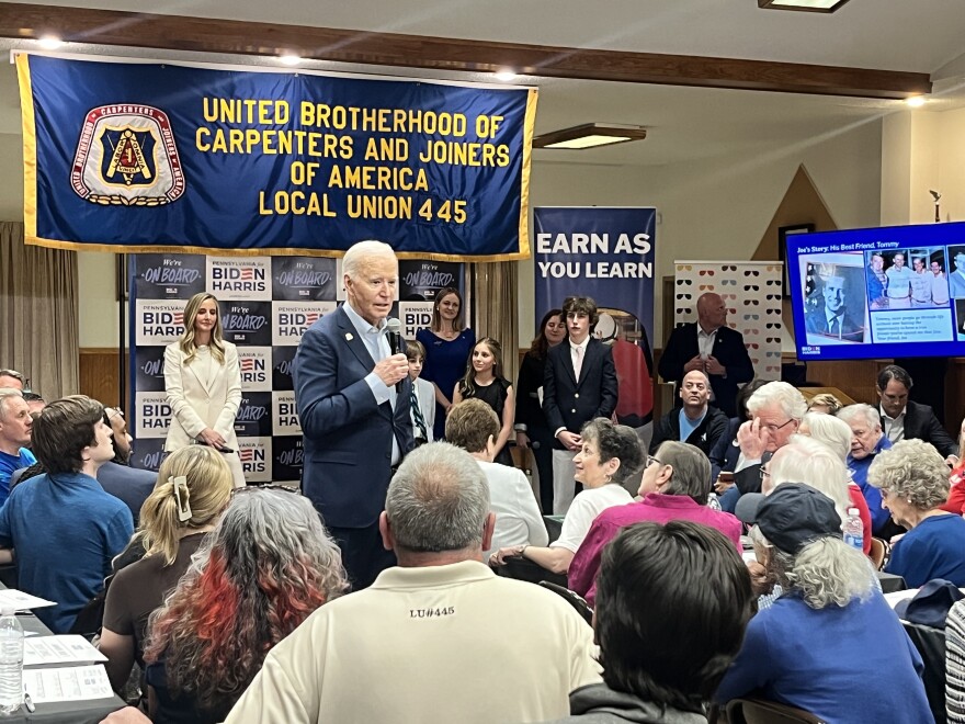 President Joe Biden addresses a crowd of supporters at the United Brotherhood of Carpenters and Joiners of America Local Union in South Scranton.