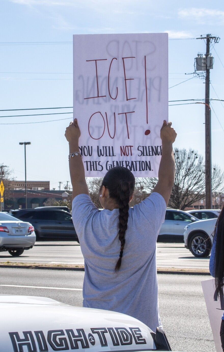 A La Vega High School student holds a sign up during the student-led community protest on Saturday, February 7, 2026. The students originally planned a school walkout at La Vega High School on Friday, February 6, 2026.