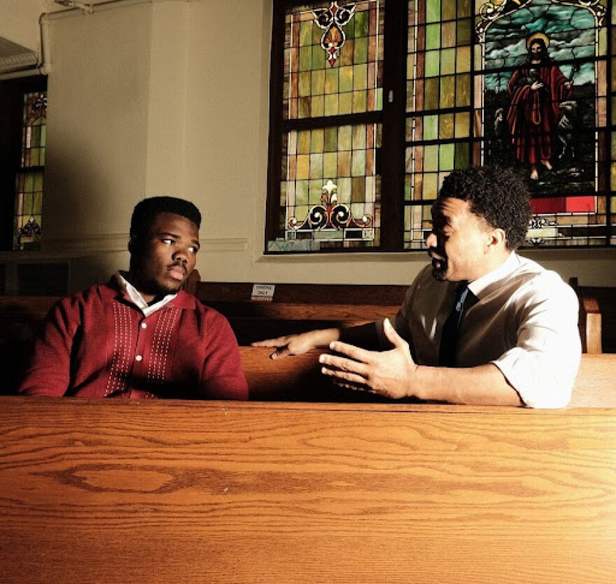Tyler Lang (from left) stars as Zeke Phillips and Wes Frazier as Minister Fletcher in Soul Rep Theatre Company's production of Dallas native William Jackson Harper's "Travisville."