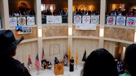 Navajo Nation President Buu Nygren addresses a packed Capitol Rotunda during American Indian Day