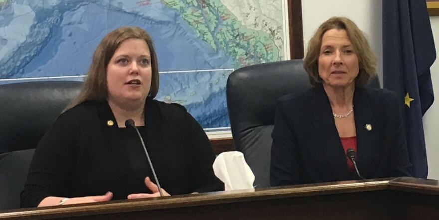 Rep. Geran Tarr, D-Anchorage, and Sen. Cathy Geissel, R-Anchorage, answer reporters’ questions on House Bill 111. Both chambers passed the bill on Saturday. (Photo by Andrew Kitchenman/KTOO)