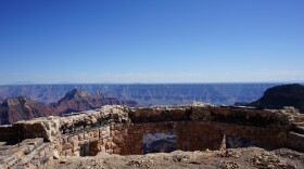 A view of the iconic sun room within the ruins of the Grand Canyon Lodge, May 14, 2026.