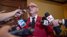 Missouri Secretary of State Denny Hoskins speaks to reporters following Missouri Supreme Court arguments Wednesday, Sept. 2, 2026.