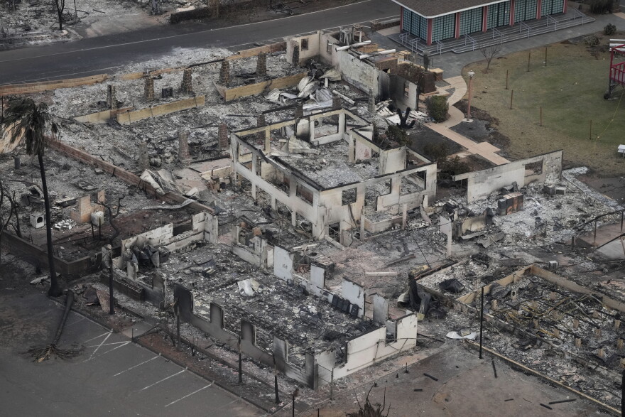 Wildfire wreckage is seen Thursday, Aug. 10, 2023, in Lahaina, Hawaiʻi. The search of the wildfire wreckage on the Hawaiian island of Maui on Thursday revealed a wasteland of burned out homes and obliterated communities as firefighters battled the deadliest blaze in the U.S. in recent years.