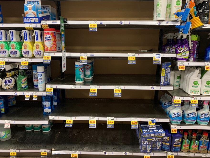 Sanitizing wipes are nearly sold out at Fred Meyer in Midtown Anchorage as shoppers stock up over concerns about coronavirus on March 4 2020. (Julia O'Malley/ Alaska Public Media)