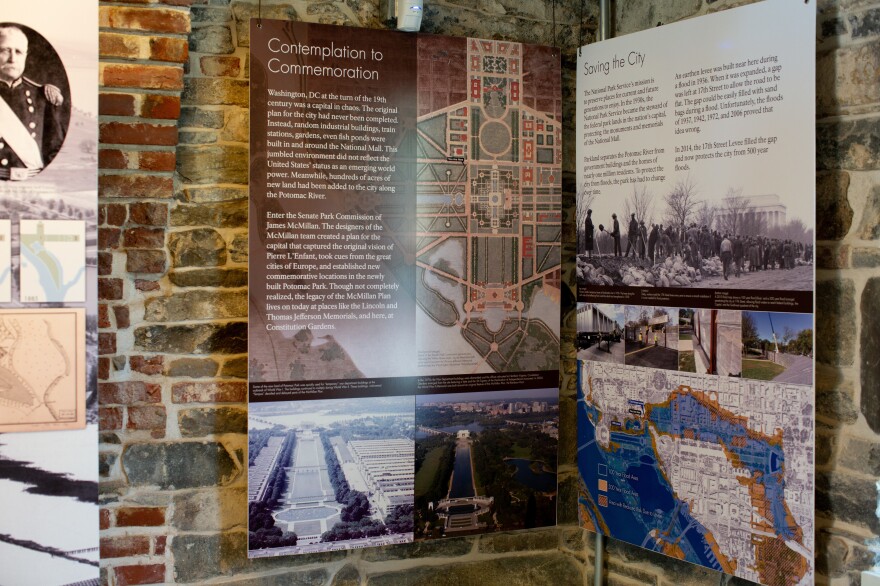 An exhibit inside the Lockkeeper's House detailing the process of planning Washington, D.C.'s layout (left) and the steps that were taken to prevent floods in the city (right).