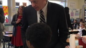 Governor Roy Cooper visited this second grade class at Cotswold Elementary School which would have to make changes to comply with the smaller K-3 class size mandate.