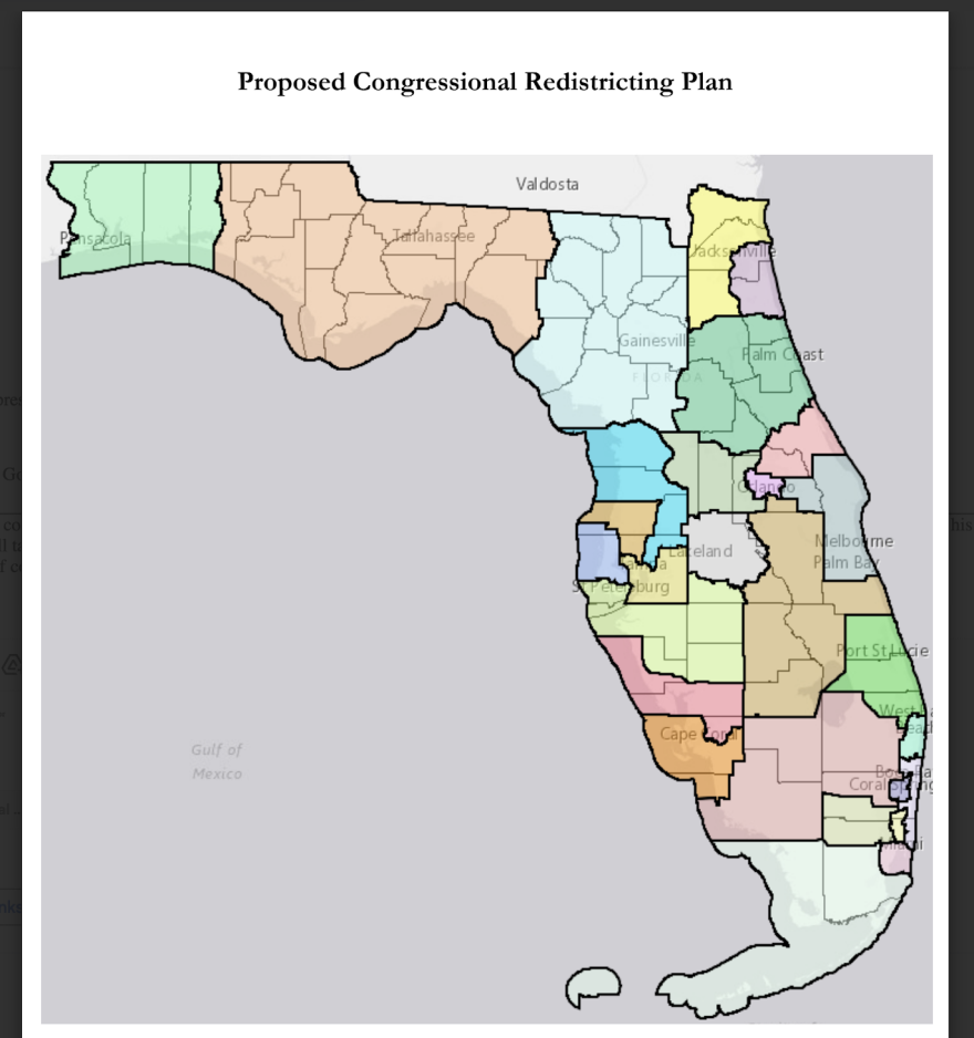The official redistricting congressional map sent to Florida lawmakers on April 27. It does not reflect the political partisanship of each district.