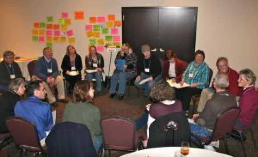 A small group gets the discussion rolling at the Big Rural Brainstorm in Newton, Kan.