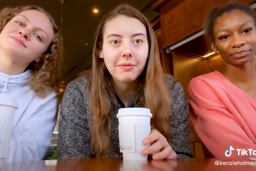 IU women's basketball players, from left, Gracer Berger, Mackenzie Holmes and Chloe Moore-McNeil participate in a TikTok video.