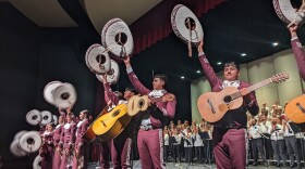 Members of Los Coyotes, the Uvalde Mariachi Band, on stage at Skyline High in Longmont on Sunday, April 28, during the last concert of their tour of Boulder County. The band performed with the Boulder chorale.