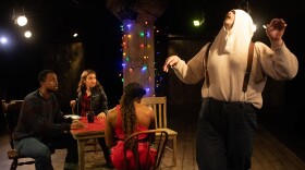 At one point in "Action" at Undermain Theatre, Shooter (Taylor Harris), right, acts like a dancing bear to the astonishment of the other characters trapped in a house with him.
