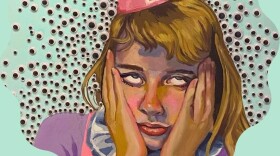 Painting of a young girl wearing a birthday party hat - hands on either side of her face, eyes rolling