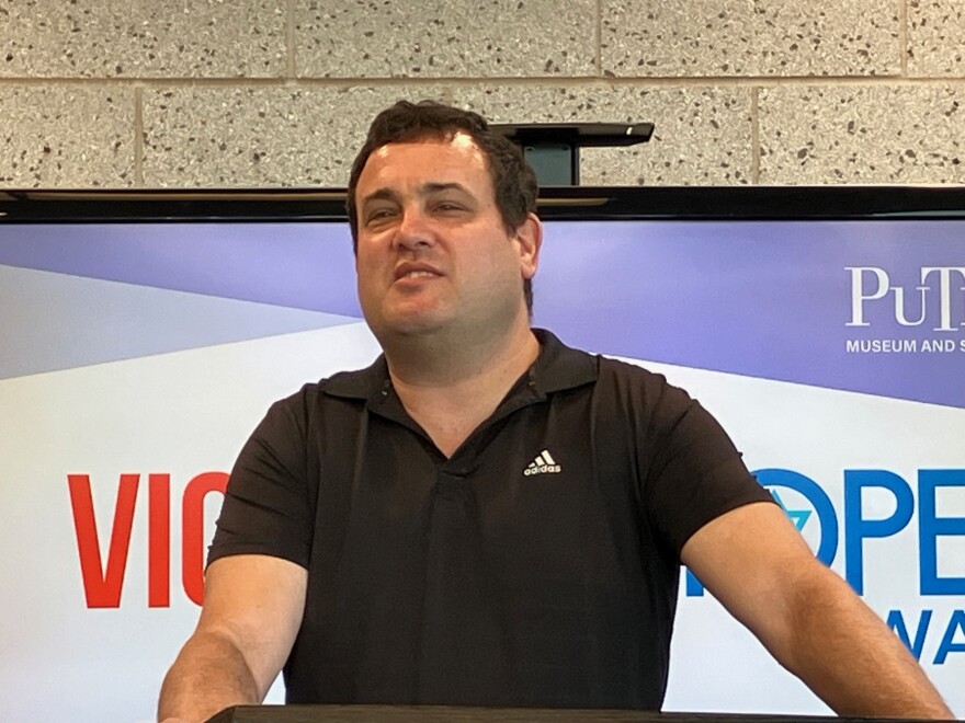 Avishi Weinstein discussing the Violins of Hope Iowa programming, at the Putnam Museum on Monday, Feb. 16, 2026.