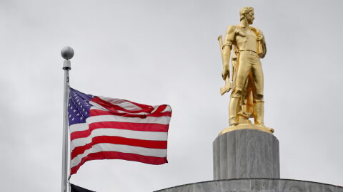 An American flag waves at the Oregon State Capitol on June 27, 2026.