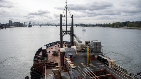The Yaquina dredging vessel works along the Columbia River on Aug. 15, 2024.
