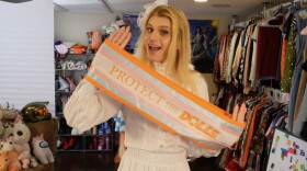 Gertsen shows off her Tennessee Doll themed sash, complete with colors representing the transgender pride flag.