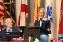 Jacksonville Mayor Donna Deegan stands beside Council President Nick Howland while presenting the proposed 2026-2027 budget to City Council on Monday, July 20, 2026. (Mike Mendenhall, Jacksonville Today)