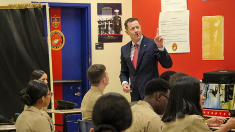 Louisiana Superintendent of Education Cade Brumley speaks to cadets at New Orleans Military and Maritime Academy on Sept. 16, 2026.