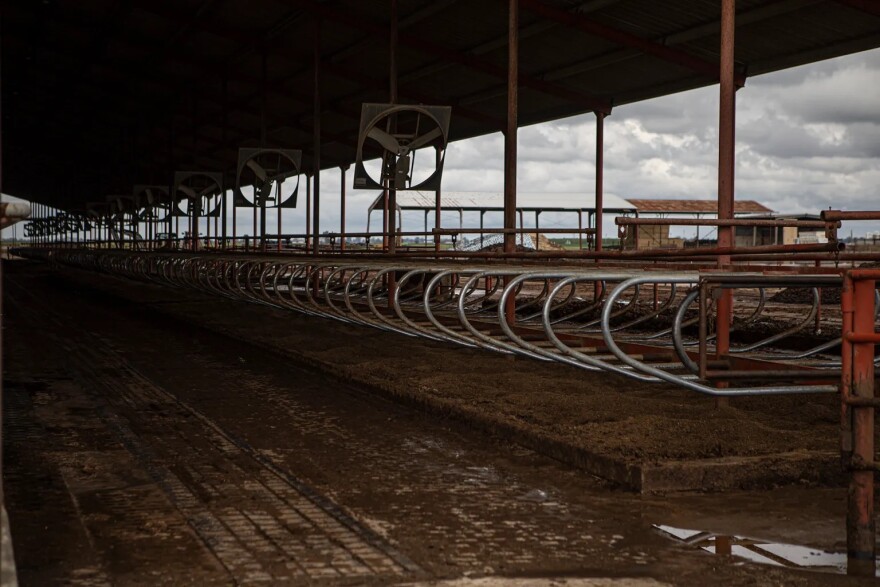 Left: Empty cow stalls on Lerda-Goni Farms outside of Tulare on March 23, 2023. The stalls were emptied after flood water submerged the farm after a series of storms.