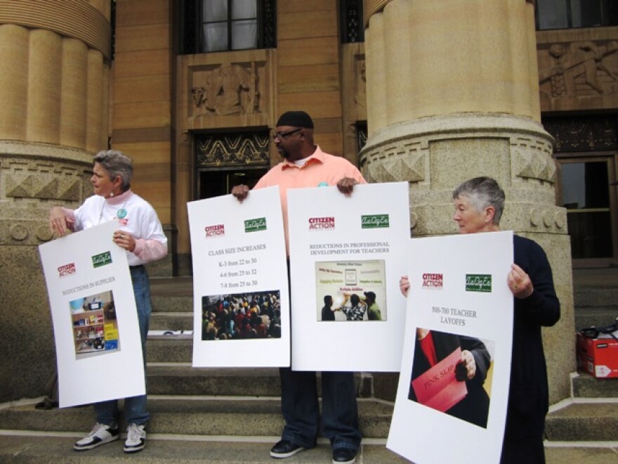 Citizen Action protests education cuts on steps of City Hall, Buffalo