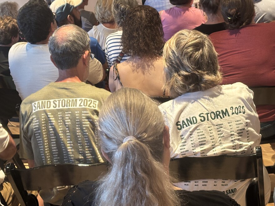 Democratic governor nominee Rob Sand spoke to more than 250 people in a Sioux City campaign stop, where some wore Sand Storm campaign shirts, on July 16, 2026. (Bret Hayworth, Siouxland Public Media News)