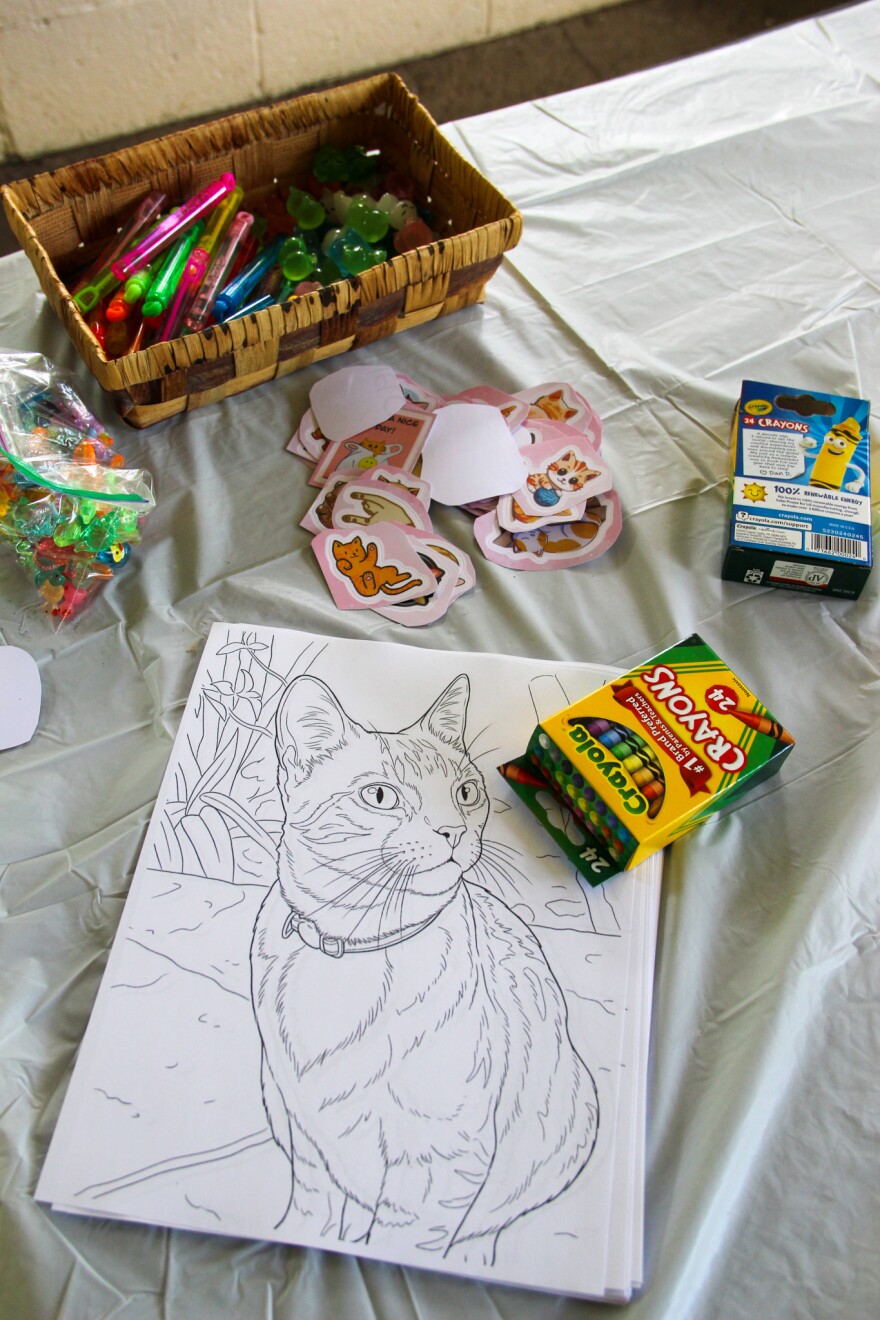 A coloring page of a cat with crayons, orange cat stickers, bubbles, and little toys sit on a table. 