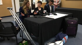 Andrea Martinez (left) and Megan Galicia of Martinez Immigration Law speak at a press conference Tuesday Afternoon. Martinez says an ICE Officer pushed her down and broke her foot during a confrontation. 