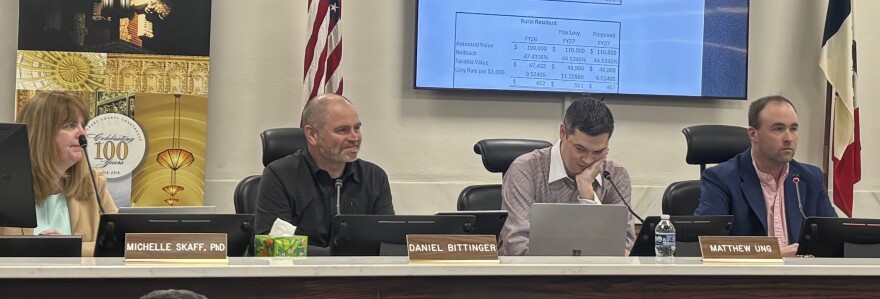 Woodbury County Board of Supervisors members, from left, Dan Bittinger, Matthew Ung and Mark Nelson take part in a meeting in the Woodbury County Courthouse on March 31, 2026. (Bret Hayworth, Siouxland Public Media News)