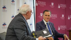 Republican Sen. Mitt Romney speaks with Sutherland Insitute CEO Rick Laren during an appearance on campus at the University of Utah in Salt Lake City, Aug. 21, 2023.