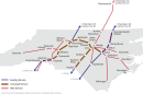 A map of the current and proposed passenger rail routes in North Carolina.