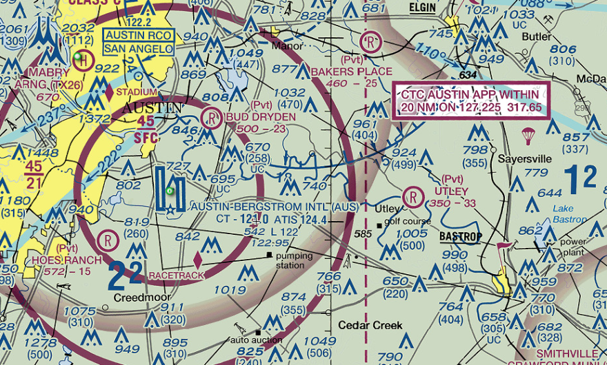 An aeronautical map showing Austin-Bergstrom International Airport