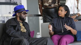 Otis Williams, a vocalist with The Temptations, talks with Motown Museum Chairwoman and CEO Robin Terry in Detroit, Wednesday, Oct. 4, 2023. (AP Photo/Paul Sancya)