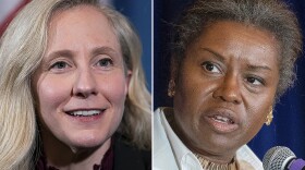 This image shows Democratic former U.S. Rep. Abigail Spanberger, left, shown Feb. 8, 2023 and Republican Virginia Lt. Gov. Winsome Earle-Sears, right, shown Sept. 1, 2021.