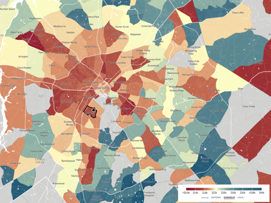 This map, a screenshot from <a href="http://www.opportunityatlas.org/">The Opportunity Atlas</a>, shows household income in 2014-2015 for African-Americans born between 1978 and 1983 to low-income parents. Sedgefield Middle School is in a part of Charlotte where blacks who grew up in low-income households tended to stay low-income.