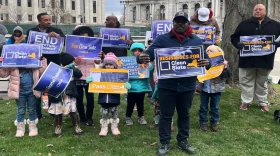 Advocates for the Clean Slate Act rally outside the State Capitol on Dec. 1, 2022. (Karen DeWitt / New York State Public Radio)