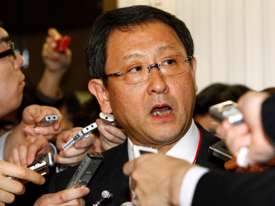 Toyota President and CEO Akio Toyoda speaks to reporters after meeting with Japan's Transport Minister Seiji Maehara in Tokyo on Feb. 9. Earlier that day, Toyota announced a recall of about 437,000 Prius and other hybrid vehicles worldwide to fix brake problems, the latest in a string of embarrassing safety lapses at the world's largest automaker.