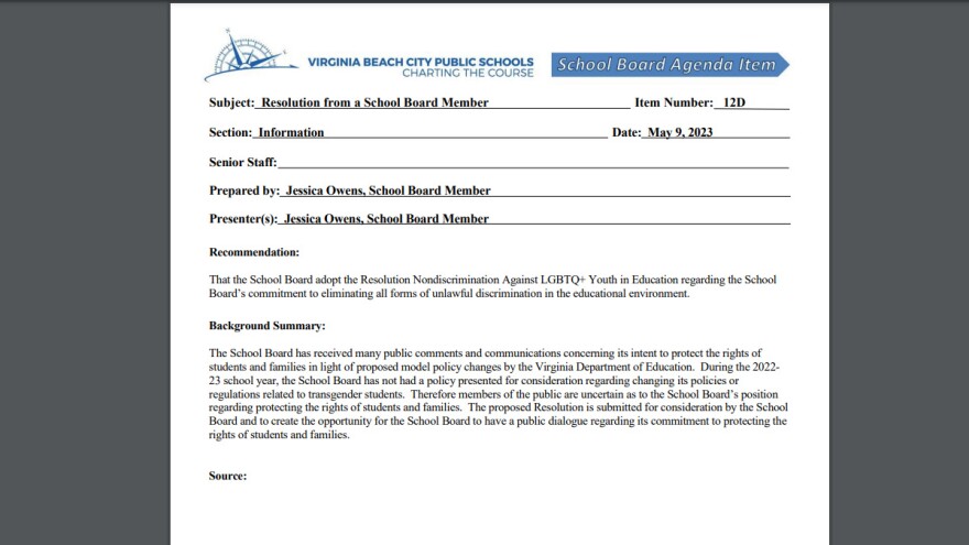 (Courtesy of Virginia Beach City Public Schools) Virginia Beach School Board member Jessica Owens introduced a transgender non-discrimination resolution Tuesday.