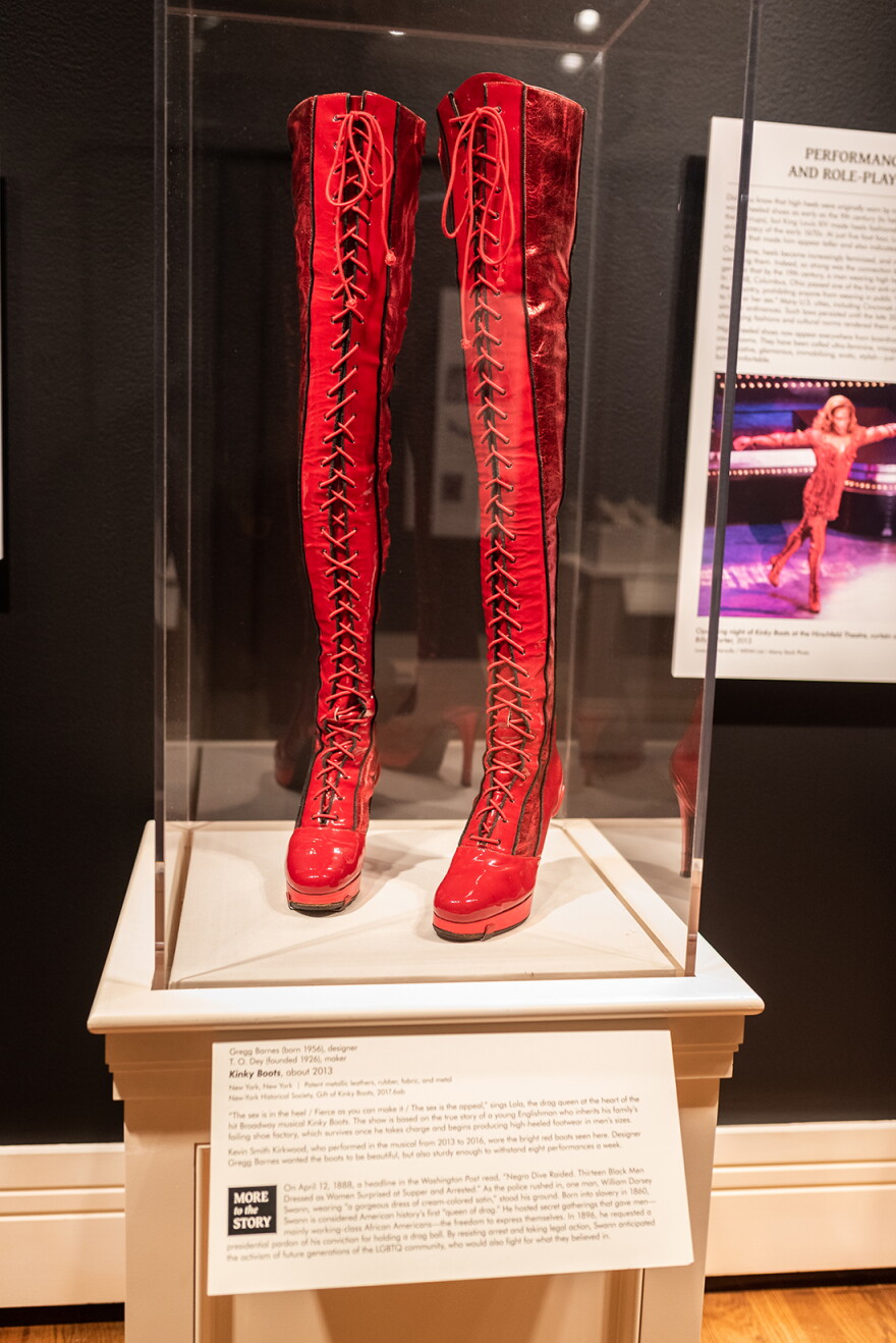 Gregg Barnes (born 1956), designer and T.O. Dey (founded 1926) maker, Kinky Boots, about 2013, New York, New York, patent metallic leathers, rubber, fabric, and metal. New York Historical Society, gift of Kinky Boots, 2017.6ab