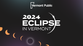Text: 2024 Eclipse in Vermont. Vermont Public Logo. Graphic of moon phases over a black background.