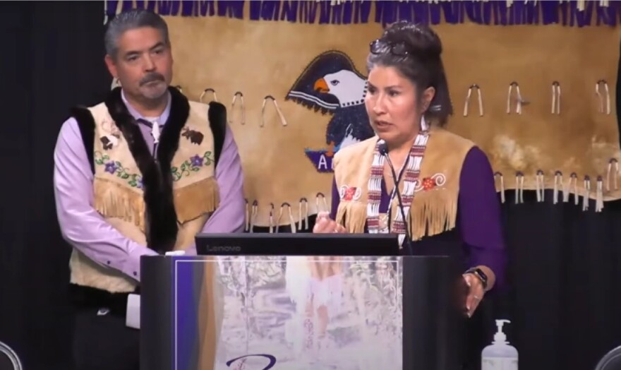 Sharon Hildebrand, right, speaks to the crowd at the TCC annual convention and full board of directors meeting after winning the election for chief/chairman, the organization's top leadership role. She beat incumbent Brian Ridley, left, as well as Darrell Hildebrand (not pictured).