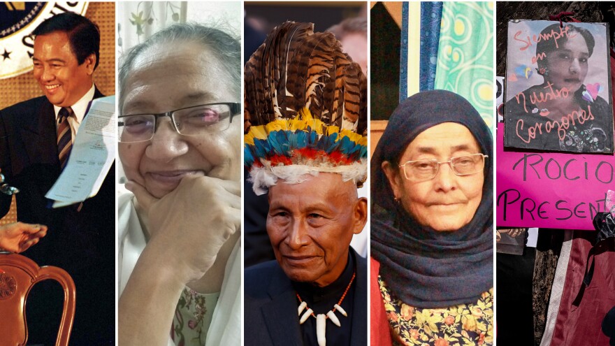 (L to R): Sen. Heherson Alvarez, an environmental lawmaker from the Philippines; Durdana Rizvi, a doctor from Pakistan; Colombian actor Antonio Bolívar; 'Nanī' Nabi, a grandmother from Kashmir; Rocio Choque, a soup kitchen volunteer from Argentina.