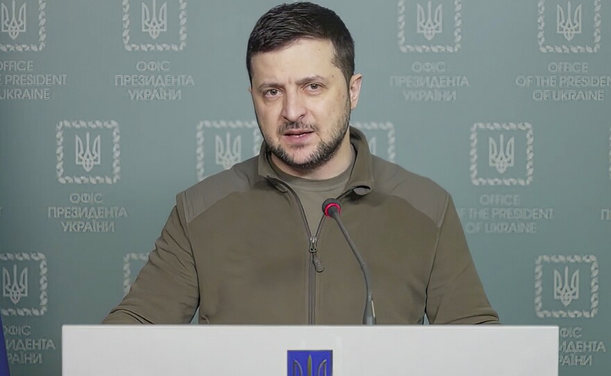 In this image from video provided by the Ukrainian Presidential Press Office and posted on Facebook Tuesday, Ukrainian President Volodymyr Zelenskyy speaks in Kyiv. 