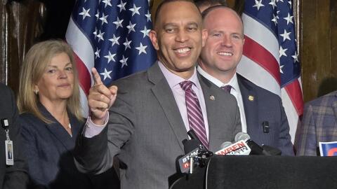 House Democratic Leader Hakeem Jeffries (left) and Congressman Tim Kennedy (right) speak in Buffalo on July 28, 2026.