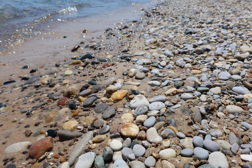 Close up photo of a rocky Lake Michigan shoreline