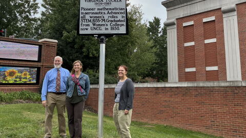 Meredith College professor Daniel Fountain (left), Leslie Cruickshank with the NC Highway Historical Marker Program (center) and UNCG University Archivist Erin Lawrimore (right) pose with the new historical marker for Virginia Tucker. 