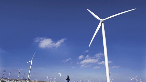 A man wearing a baseball-style hat is seen walking through a field filled with large wind turbines.
