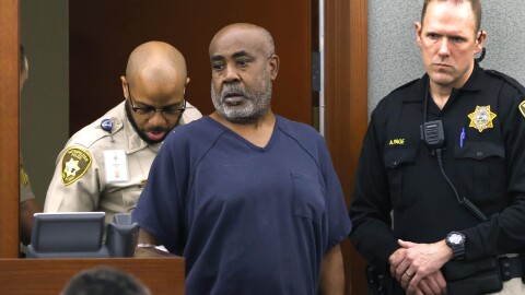 Duane "Keffe D" Davis is led into the courtroom at the Regional Justice Center on Wednesday, Oct. 4, 2023, in Las Vegas. Davis has been charged in the 1996 fatal drive-by shooting of rapper Tupac Shakur. (Bizuayehu Tesfaye/Las Vegas Review-Journal via AP, Pool)