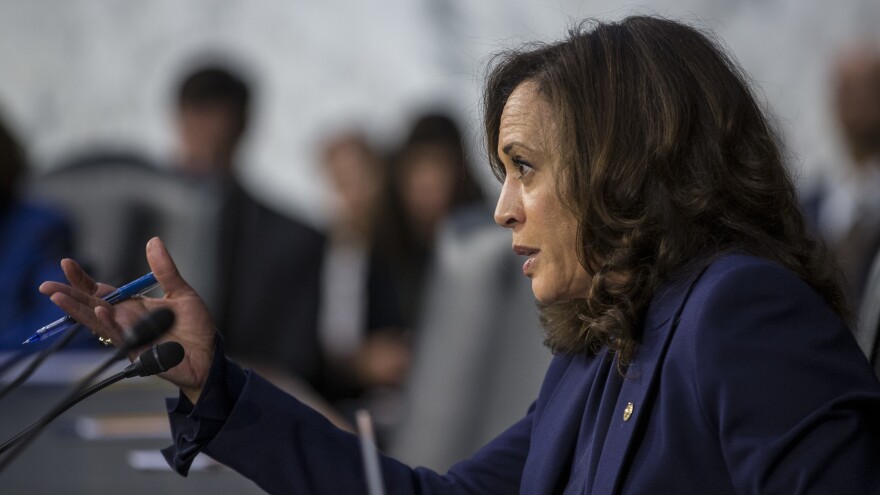 Sen. Kamala Harris, D-Calif., questions Supreme Court nominee Brett Kavanaugh during his 2018 confirmation hearing on Capitol Hill. That took place in the run-up to her presidential bid. Now, she'll face the spotlight as her party's vice presidential nominee.