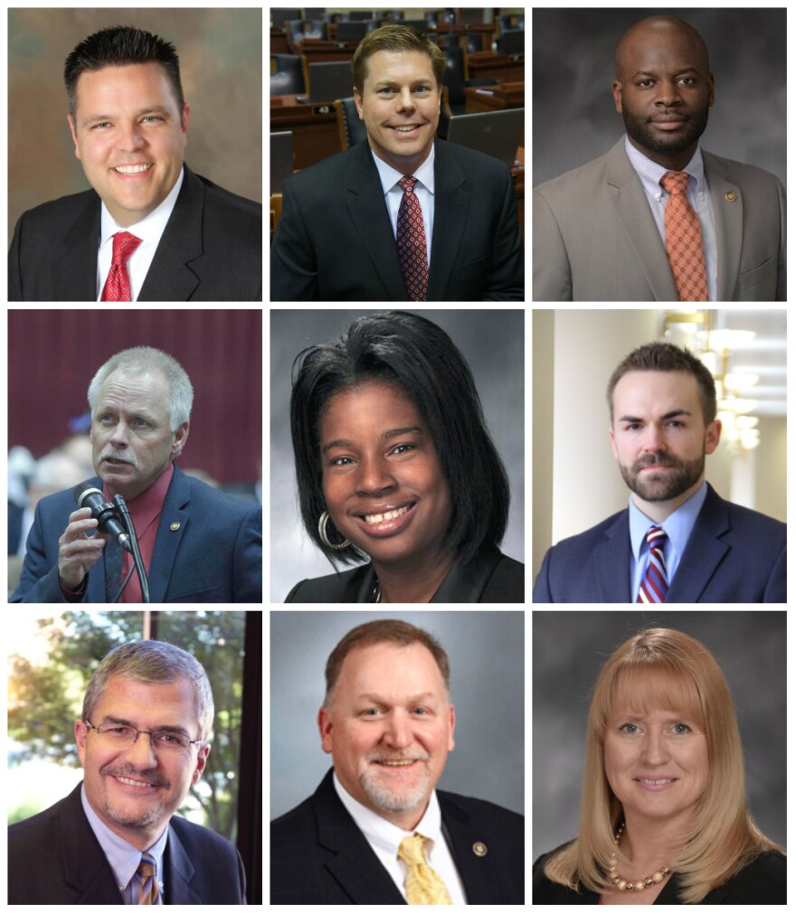 These nine legislators scored an A and are listed from left to right from the top: Rep. Justin Hill, Rep. Dean Plocher, Rep. Clem Smith, Rep. Randy Pietzman, Rep. Karla May, Rep. Nick Schoer, Rep. Kirk Mathews, Sen. Dave Schatz, Rep. Chrissy Sommer.